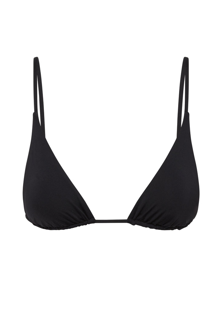 Front view of Kauai Top in black with triangle cups, thin adjustable straps, and gathered elastic base on white background