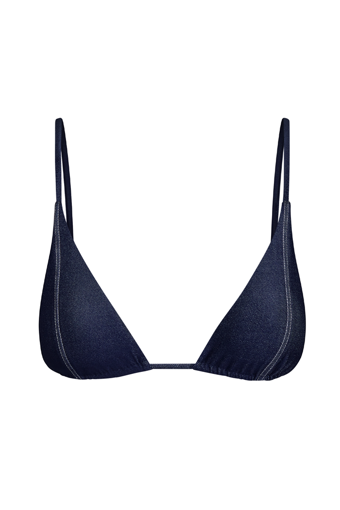 Front of Kauai Top bikini in Blue Denim with tall triangle cups, thin adjustable straps, and center tie