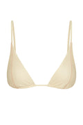 Front view of Kauai Top bikini in champagne denim with tall triangle cups, thin adjustable straps, gathered underbust on white background