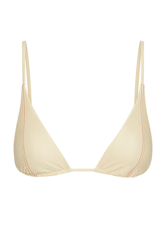 Front view of Kauai Top bikini in champagne denim with tall triangle cups, thin adjustable straps, gathered underbust on white background