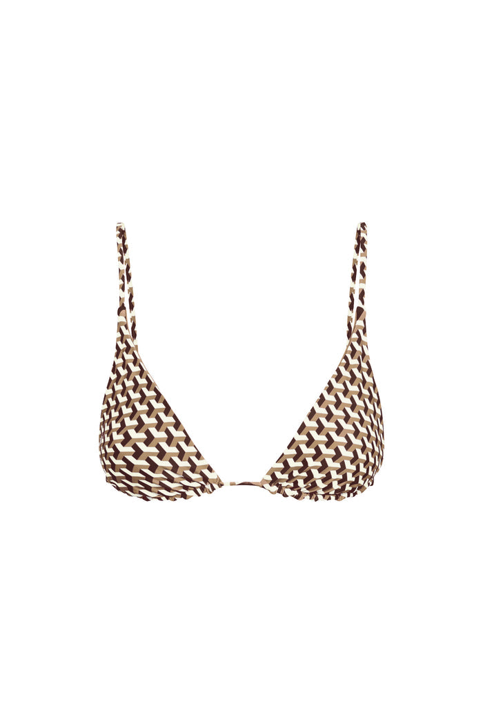 Front view of Kauai Top in Husk Geo showcasing triangle cups and thin adjustable tie straps on white background