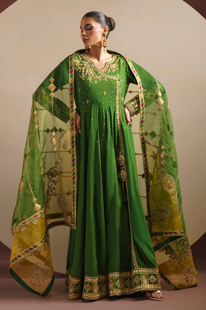 Back view of KEZIA formal outfit with embroidered organza dupatta spread and detailed hem border