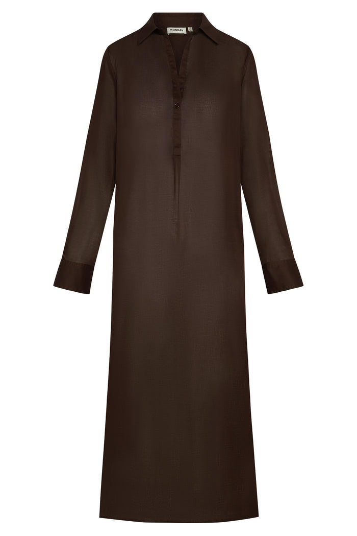 Front view of Kokomo Kaftan in espresso with collared neckline, center-front placket and long semi-sheer cotton-voile sleeves