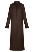 Front view of Kokomo Kaftan in espresso with collared neckline, center-front placket and long semi-sheer cotton-voile sleeves
