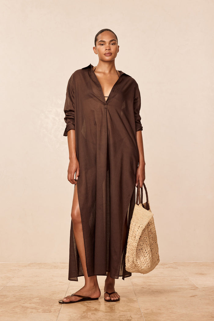 Front view of Kokomo Kaftan in espresso showing semi-sheer cotton voile, center-front buttons, side slits, long sleeves on model