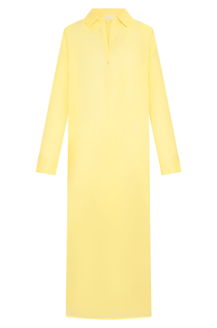 Front of Kokomo Kaftan, Meyer Cotton Voile, showing collar, center-front buttons, long sleeves and pocket detail on white background