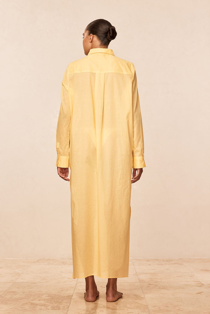 Back view of Kokomo Kaftan - Meyer Cotton Voile showing long sleeves, collar, sheer back yoke and center pleat