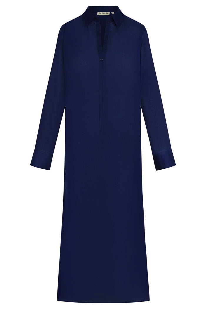 Front of Kokomo Kaftan in Midnight Cotton Voile showing collar with center-front placket, long sleeves on white background