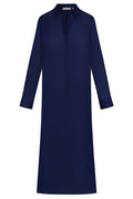 Front of Kokomo Kaftan in Midnight Cotton Voile showing collar with center-front placket, long sleeves on white background