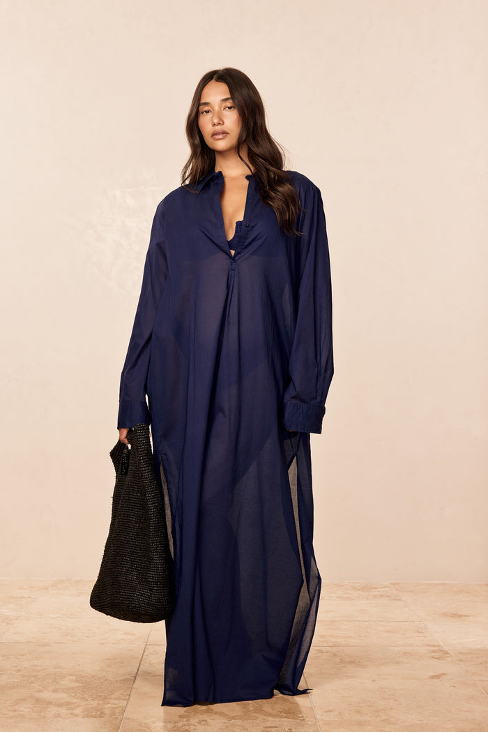 Front view of Kokomo Kaftan in Midnight Cotton Voile, semi-sheer with center-front buttons and long sleeves
