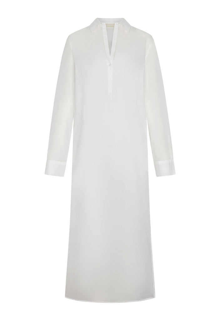 Front view of Kokomo Kaftan in white showing collared V-neck, long sleeves, and straight maxi silhouette