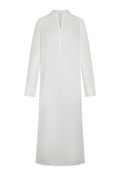 Front view of Kokomo Kaftan in white showing collared V-neck, long sleeves, and straight maxi silhouette