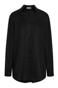 Front view of La Jolla Linen Shirt in black showing button-front, chest pocket and long sleeves on white background