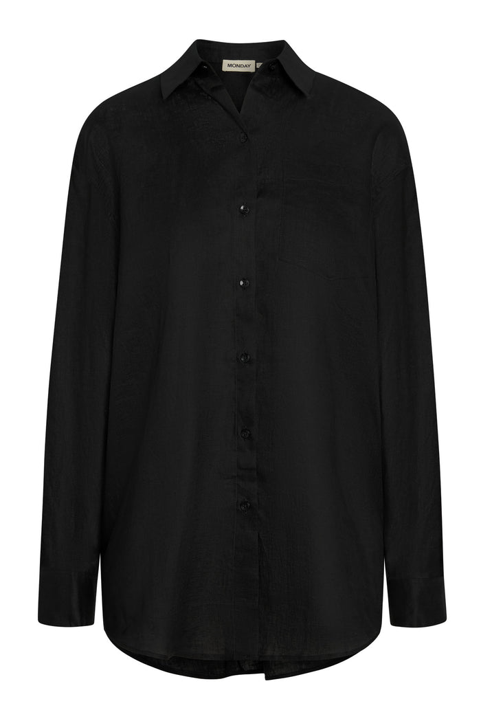 Front view of La Jolla Linen Shirt in black showing button-front, chest pocket and long sleeves on white background