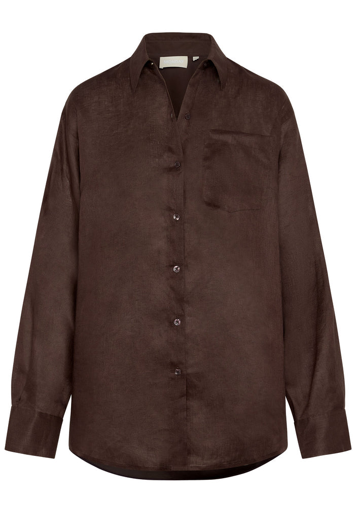 Front view of La Jolla Linen Shirt in espresso showing button-front, patch chest pocket, long sleeves, and linen texture on white background