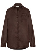 Front view of La Jolla Linen Shirt in espresso showing button-front, patch chest pocket, long sleeves, and linen texture on white background