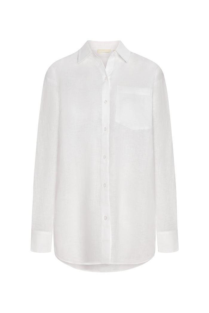 Front view of La Jolla Linen Shirt in white linen showing collar, chest pocket, button front and relaxed oversized fit