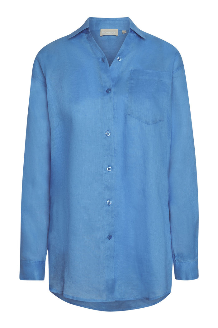Front view of La Jolla linen shirt in azure showing collar, chest pocket, center-front buttons and long sleeves on white