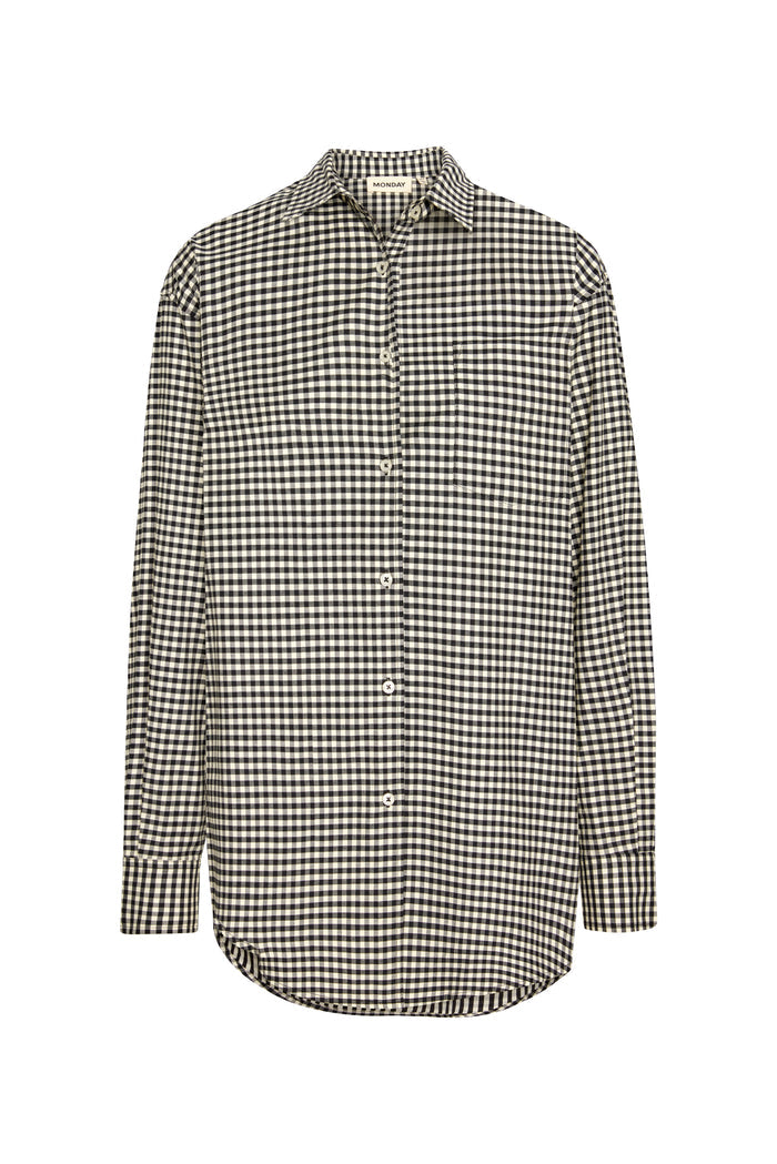 Front view of La Jolla Shirt in black gingham showcasing collar, center front buttons, chest pocket and long sleeves on white background