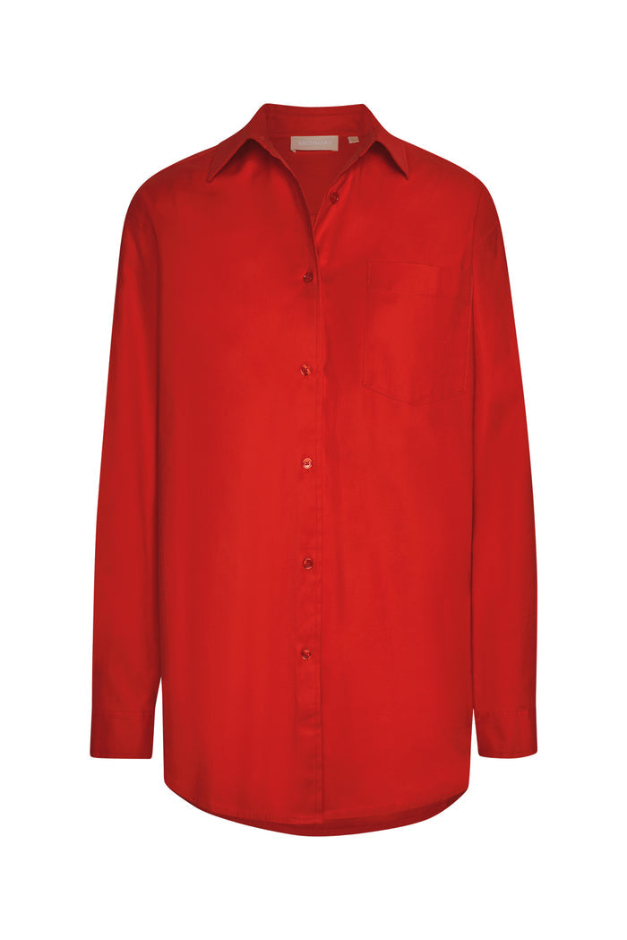 Front view of La Jolla Shirt in Chili Pepper showing collared button front, chest pocket, and long sleeves on white background