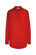 Front view of La Jolla Shirt in Chili Pepper showing collared button front, chest pocket, and long sleeves on white background