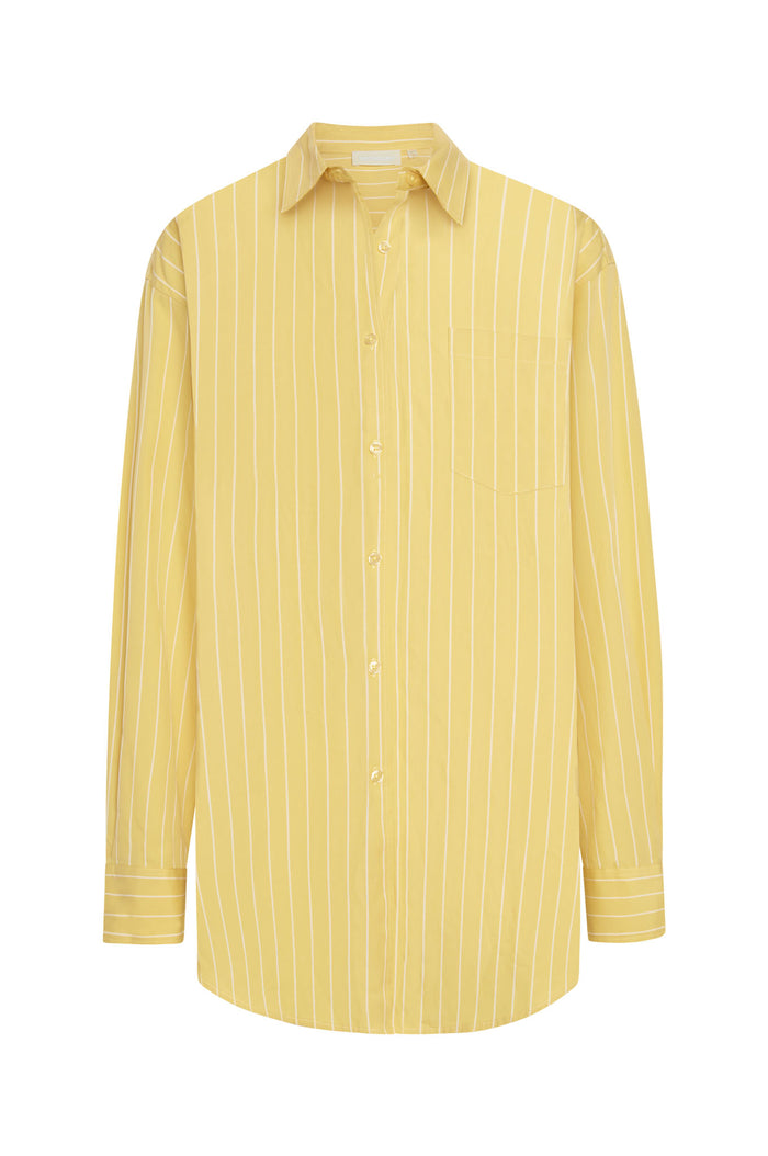 Front view of La Jolla Shirt in Meyer Stripe with collar, front buttons, chest pocket and long sleeves on white background