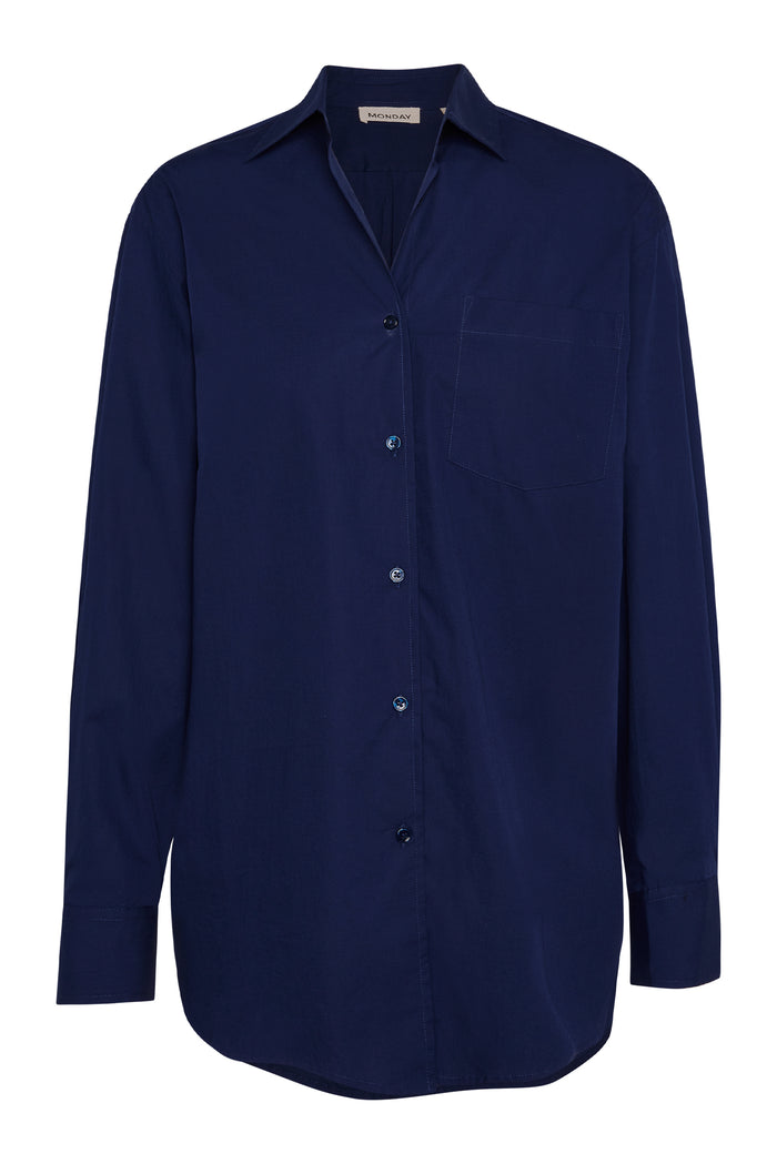 Front view of La Jolla Shirt in midnight showcasing pointed collar, chest pocket, full button placket and long sleeves on a white background