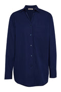 Front view of La Jolla Shirt in midnight showcasing pointed collar, chest pocket, full button placket and long sleeves on a white background