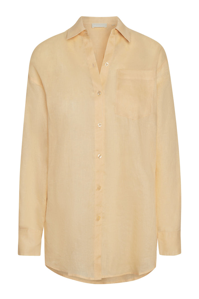 Front view of La Jolla Linen shirt in raffia showing button-front, chest patch pocket and long sleeves on white background