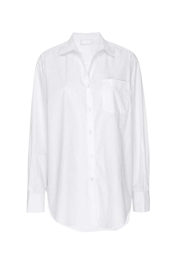 Front view of La Jolla Shirt in white showcasing collar, chest pocket, center front buttons and long sleeves on plain white background