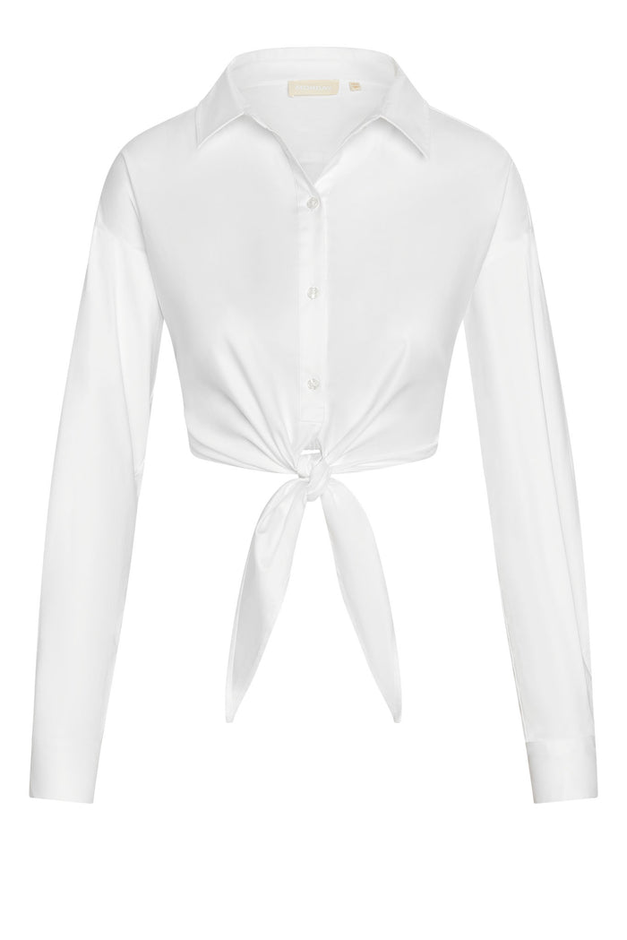 Front view of La Jolla Tie Shirt, white cropped shirt with tie-front, center buttons, collar, and long sleeves