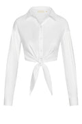 Front view of La Jolla Tie Shirt, white cropped shirt with tie-front, center buttons, collar, and long sleeves