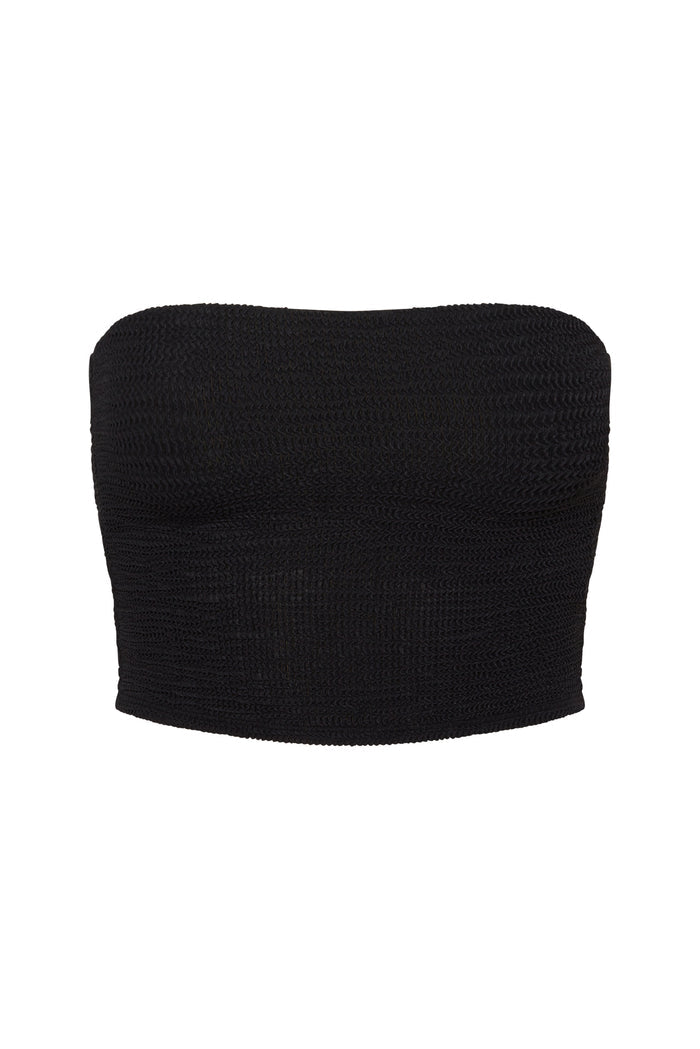 Front view of Laguna Top black crinkle bandeau showing smocked crinkle texture on white background