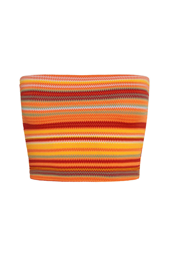 Front view of Laguna Top in Sardinia Stripe showcasing multicolor horizontal stripe knit and crinkle texture on white background