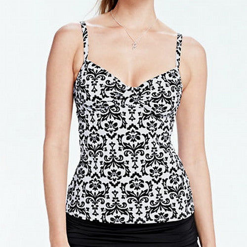 Lands' END Beach Living Black Tapestry Shirred UW Tankini TOP
