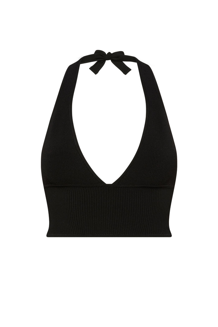 Black ribbed knit halter crop top with deep V front and tie at neck
