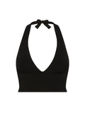 Black ribbed knit halter crop top with deep V front and tie at neck