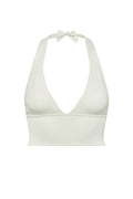 White ribbed halter crop top with V-neck and tie at the neck