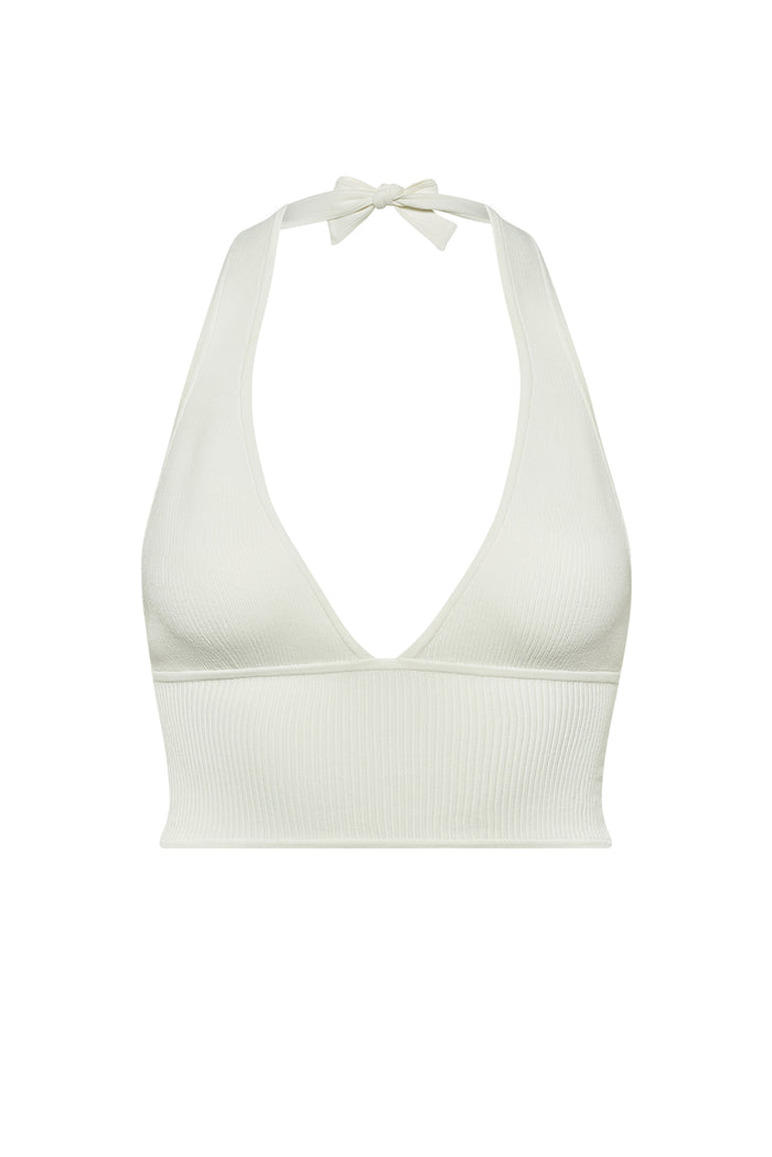 White ribbed halter crop top with V-neck and tie at the neck