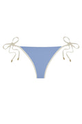 Light blue ribbed bikini bottom with cream trim and side tie strings with gold metal tips