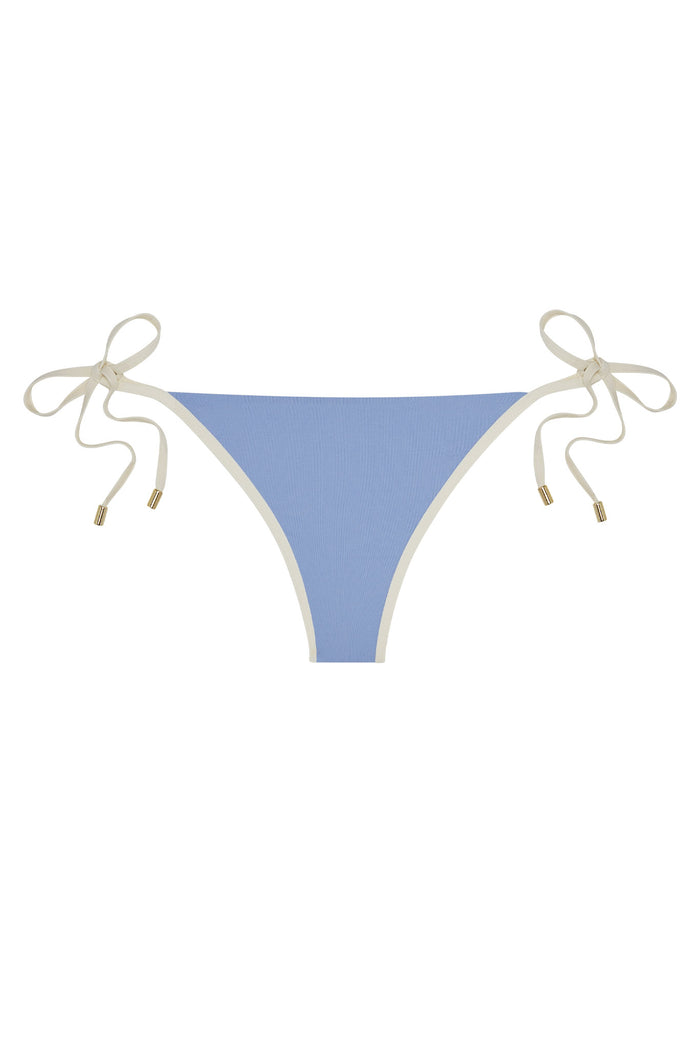 Light blue ribbed bikini bottom with cream trim and side tie strings with gold metal tips