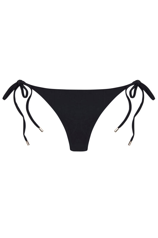 Front view of Le Marais Bottom in black highlighting low-rise cut and metallic-tipped tie-side straps on white background