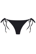Front view of Le Marais Bottom in black highlighting low-rise cut and metallic-tipped tie-side straps on white background