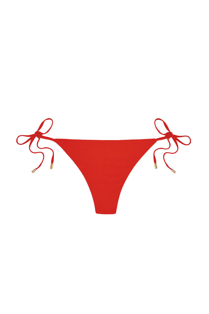 Front view of Le Marais Bottom - Chili Pepper, tie-side bikini bottom with gold-tipped cords on white background