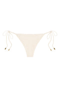 Front view of Le Marais Bottom, ivory crochet, tie sides with gold tips, medium-cheeky coverage on white background