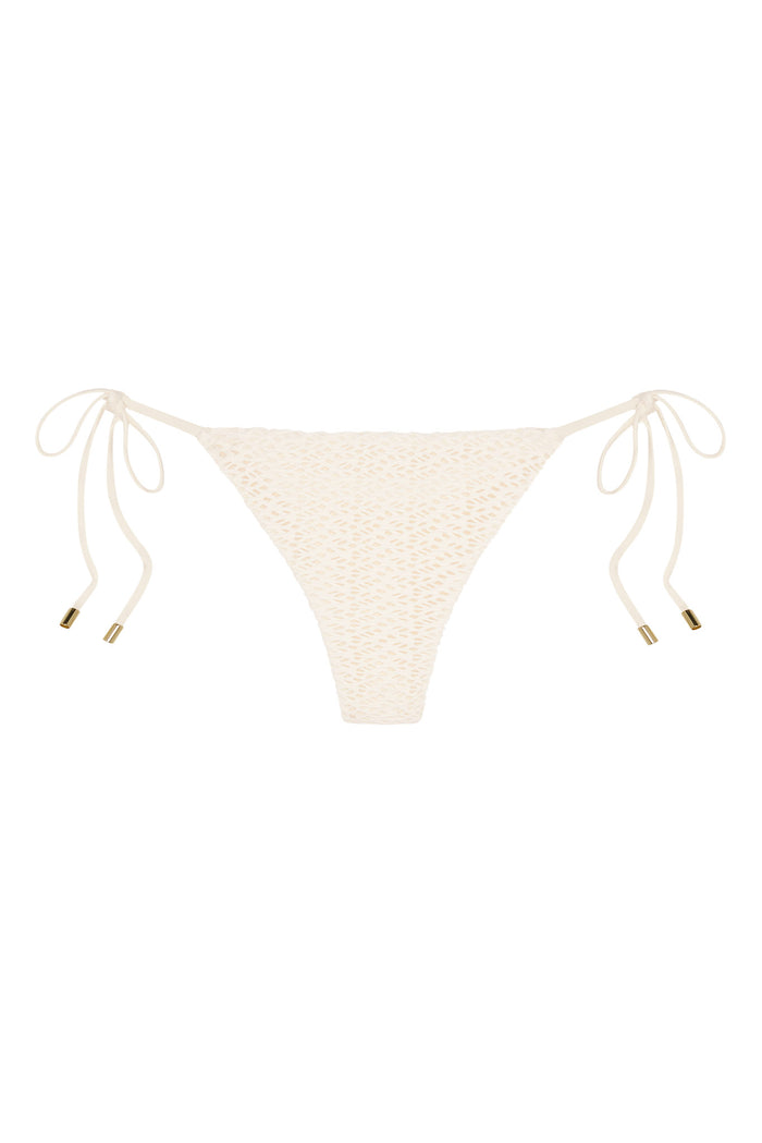 Front view of Le Marais Bottom, ivory crochet, tie sides with gold tips, medium-cheeky coverage on white background