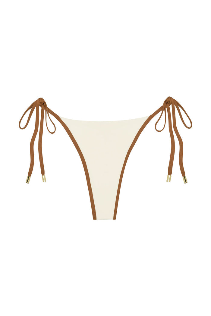 Front of Le Marais Bottom in ivory and caramel showing color-block design, adjustable side ties with gold hardware