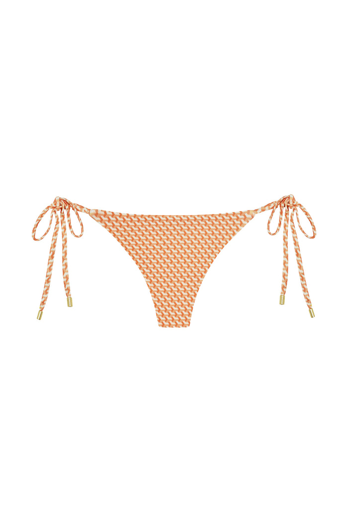 Front view of Le Marais bottom in micro geo orange print showcasing adjustable side ties and low rise cut on white background