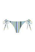Front view of Le Marais Bottom Sardinia Stripe Azure showcasing adjustable tie sides with gold hardware and striped knit on white background