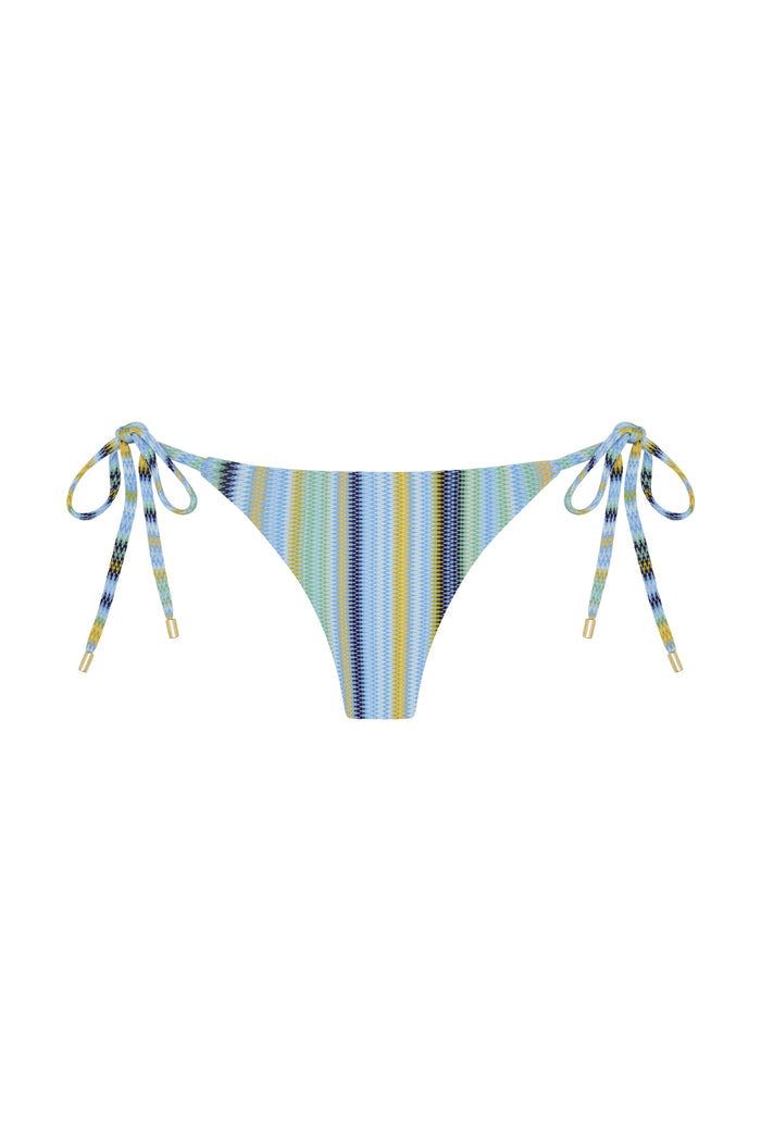 Front view of Le Marais Bottom Sardinia Stripe Azure showcasing adjustable tie sides with gold hardware and striped knit on white background